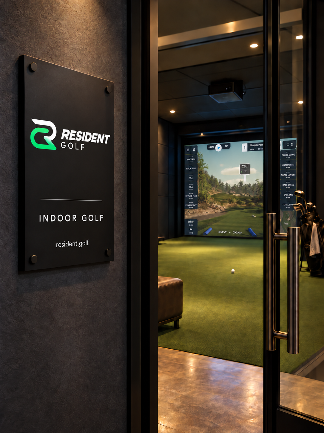 A Resident Golf wall plaque beside a glass door, with a simulator room visible through the glass.