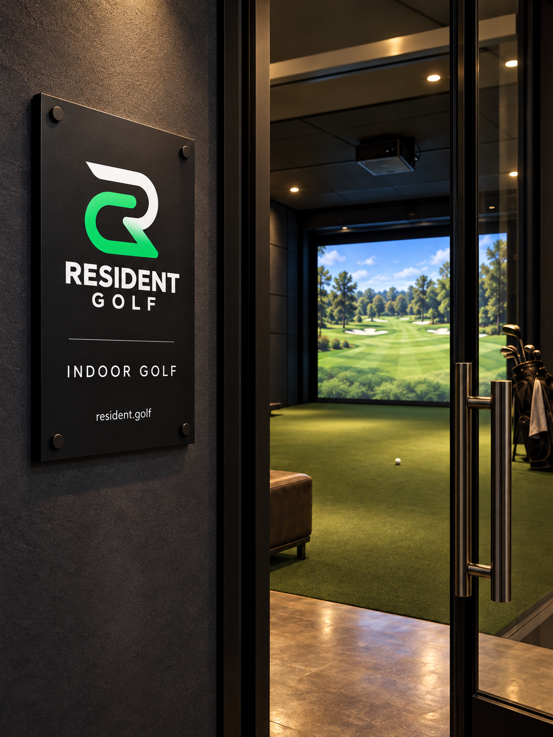 A Resident Golf wall plaque beside a glass door, with a simulator room visible through the glass.